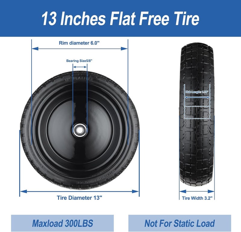 Cubesprings Wheelbarrow Tires 4.00-6 Flat Free 13” Universal Wheel Replacement for Gor Garden Cart with 5/8" or 3/4" Bearings, Solid 4.00-6 Tire and Wheel Replacement for Wheelbarrow Garden Cart - Image 2